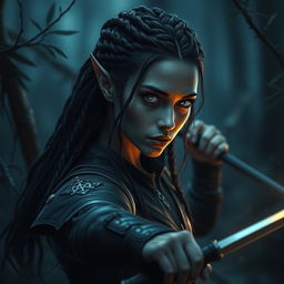 A mesmerizing female fae rogue with piercing silver eyes that shine with an ethereal glow in the dim light of the dark forest