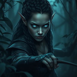 A mesmerizing female fae rogue with piercing silver eyes that shine with an ethereal glow in the dim light of the dark forest