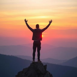 A stunning and serene sunrise over a vast mountainous landscape, with a confident man standing triumphantly at the peak of a mountain