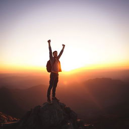 A stunning and serene sunrise over a vast mountainous landscape, with a confident man standing triumphantly at the peak of a mountain