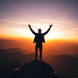 A stunning and serene sunrise over a vast mountainous landscape, with a confident man standing triumphantly at the peak of a mountain