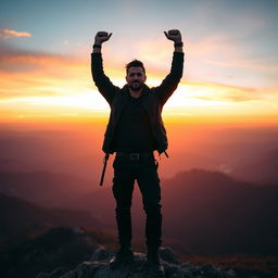 A stunning and serene sunrise over a vast mountainous landscape, with a confident man standing triumphantly at the peak of a mountain