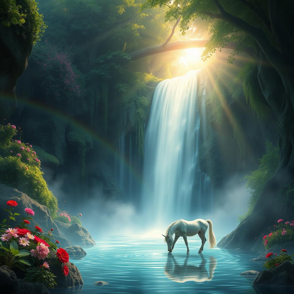 Ethereal landscape with a serene waterfall cascading down lush greenery, surrounded by vibrant flowers and mystical mist; a unicorn drinking from the pool at the base of the waterfall, with sun rays shining through the canopy above, casting a magical glow over the scene; everything bathed in a soft, otherworldly light