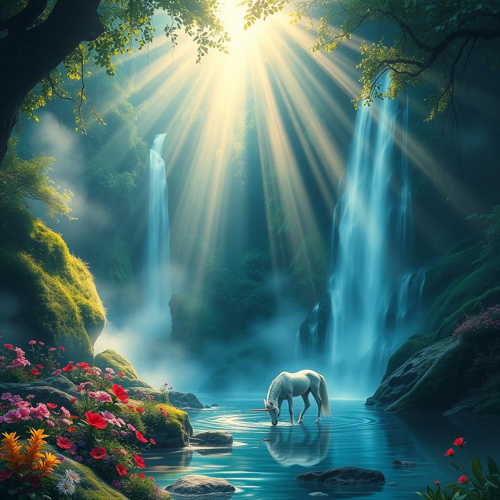 Ethereal landscape with a serene waterfall cascading down lush greenery, surrounded by vibrant flowers and mystical mist; a unicorn drinking from the pool at the base of the waterfall, with sun rays shining through the canopy above, casting a magical glow over the scene; everything bathed in a soft, otherworldly light