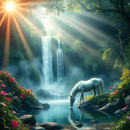 Ethereal landscape with a serene waterfall cascading down lush greenery, surrounded by vibrant flowers and mystical mist; a unicorn drinking from the pool at the base of the waterfall, with sun rays shining through the canopy above, casting a magical glow over the scene; everything bathed in a soft, otherworldly light