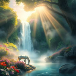 Ethereal landscape with a serene waterfall cascading down lush greenery, surrounded by vibrant flowers and mystical mist; a unicorn drinking from the pool at the base of the waterfall, with sun rays shining through the canopy above, casting a magical glow over the scene; everything bathed in a soft, otherworldly light