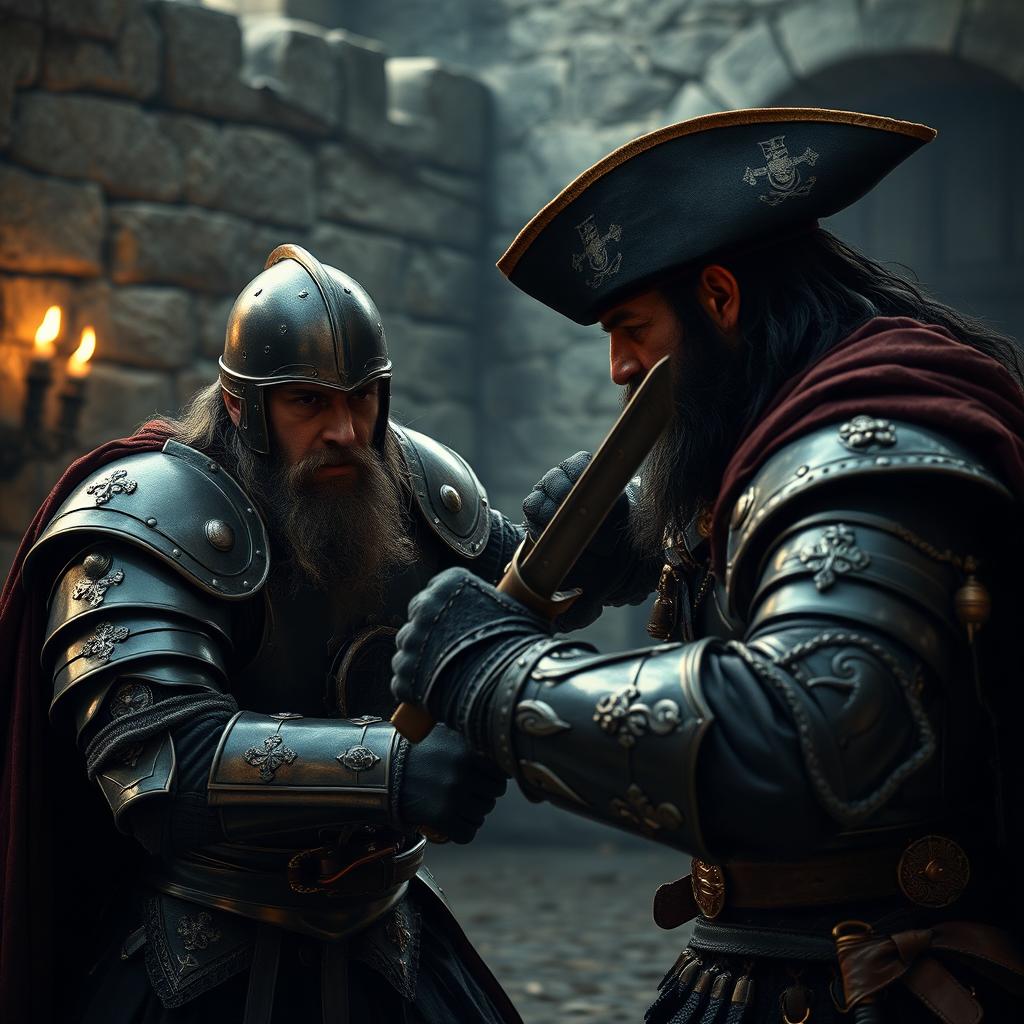 A powerful and evocative scene showing a medieval guard captain, weary and overmatched, losing a duel to an evil male pirate