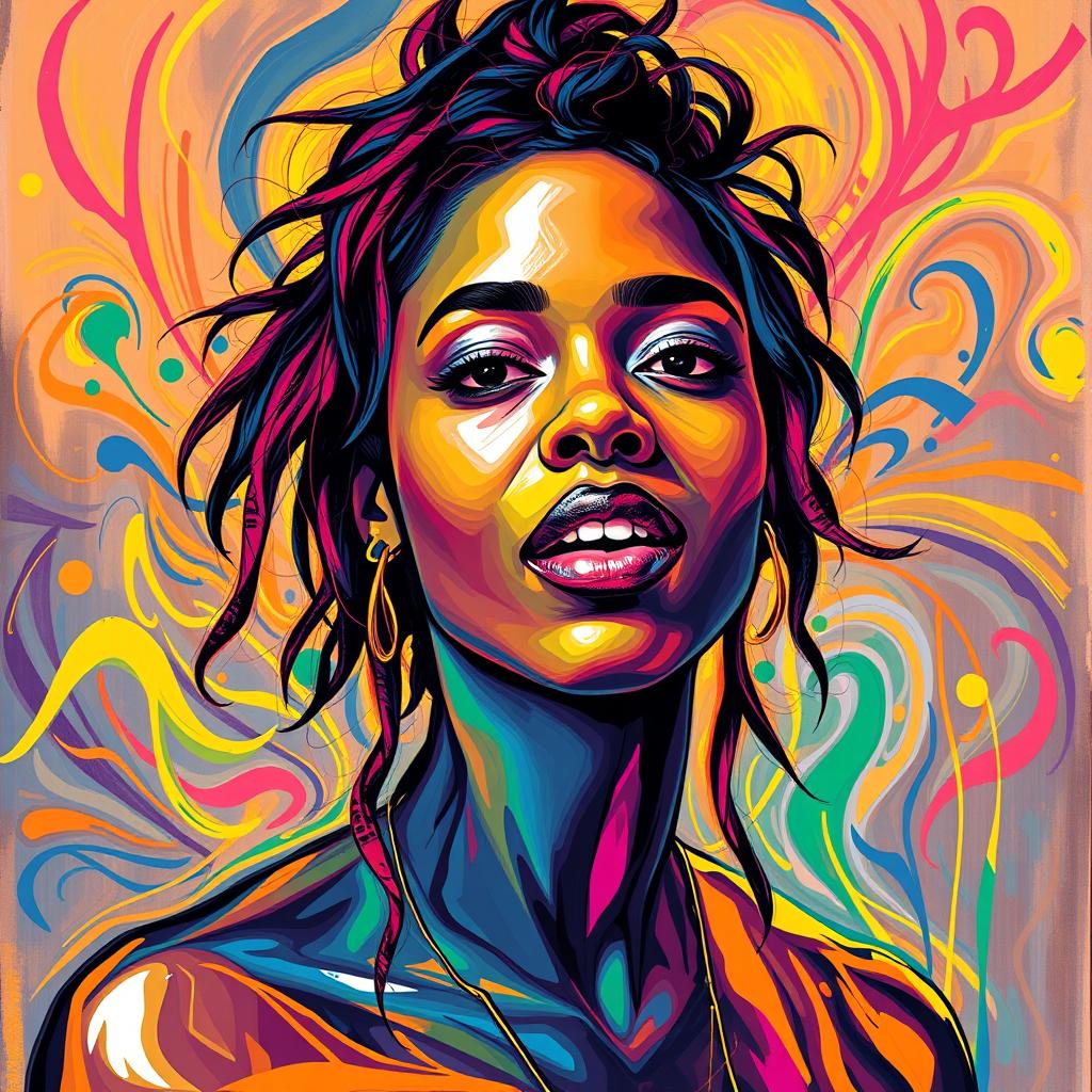 An abstract and colorful interpretation of the artist Tyla, focusing on creative expression and vibrant colors