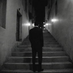 A person wearing a well-tailored suit standing on stairs in an atmospheric Iranian street at night, rendered in monochromatic tones.