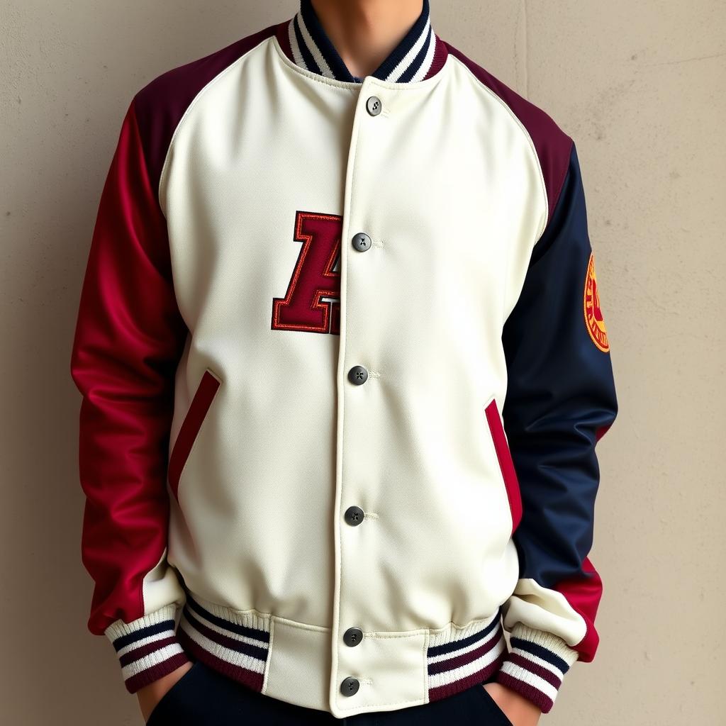 A stylish varsity jacket against a neutral background, showcasing intricate embroidery with bold school emblems