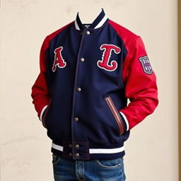 A stylish varsity jacket against a neutral background, showcasing intricate embroidery with bold school emblems