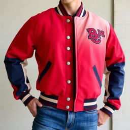 A stylish varsity jacket against a neutral background, showcasing intricate embroidery with bold school emblems