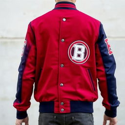 A stylish varsity jacket against a neutral background, showcasing intricate embroidery with bold school emblems