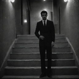 A person wearing a well-tailored suit standing on stairs in an atmospheric Iranian street at night, rendered in monochromatic tones.