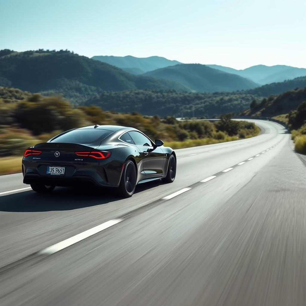 a sleek black stylish car traveling down a scenic road, capture the elegance of its modern design