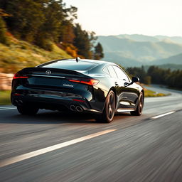 a sleek black stylish car traveling down a scenic road, capture the elegance of its modern design