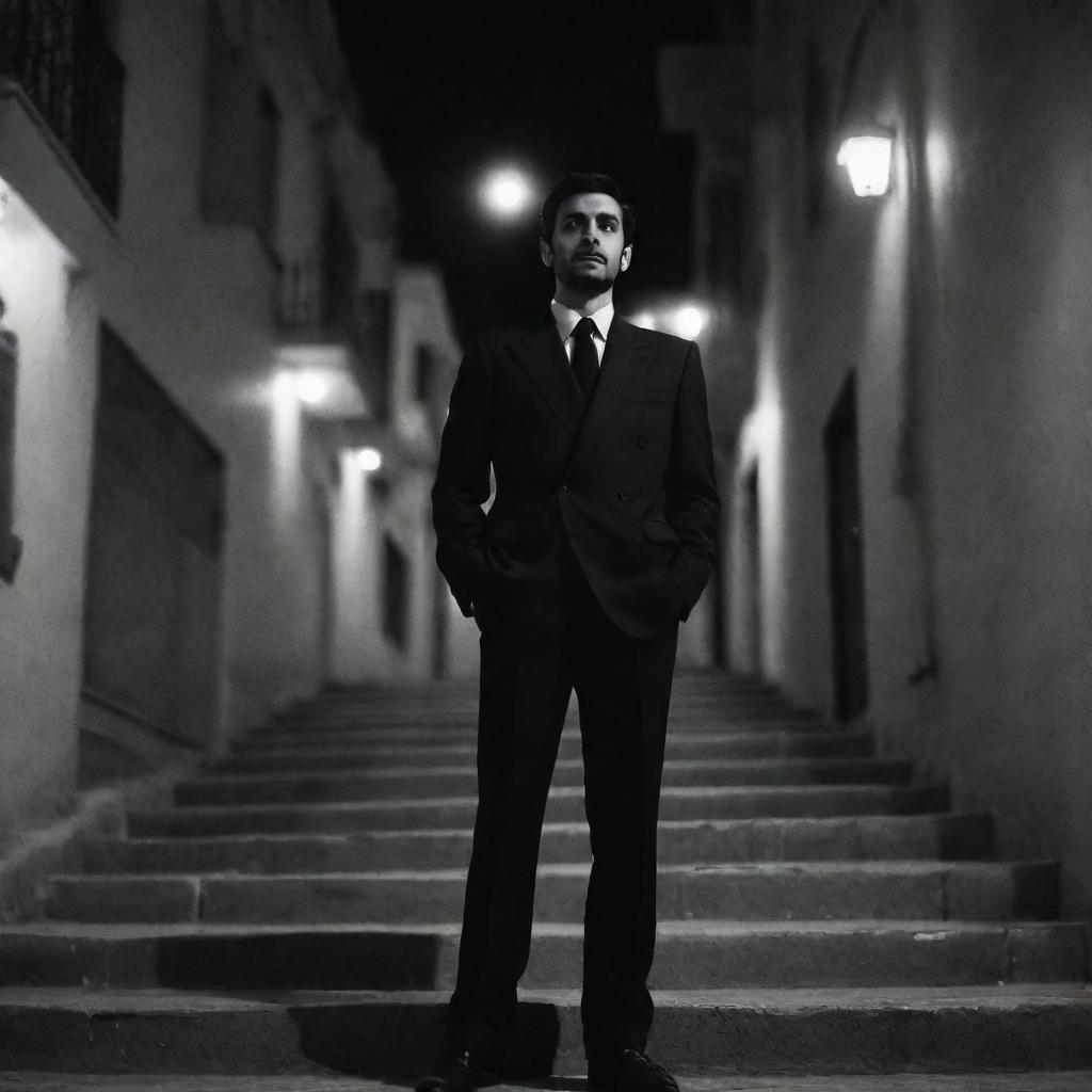 A person wearing a well-tailored suit standing on stairs in an atmospheric Iranian street at night, rendered in monochromatic tones.