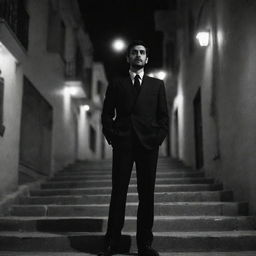 A person wearing a well-tailored suit standing on stairs in an atmospheric Iranian street at night, rendered in monochromatic tones.