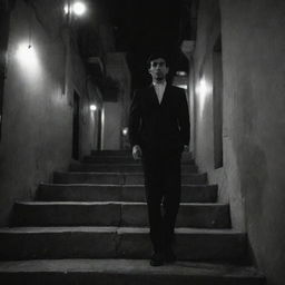 A person wearing a well-tailored suit standing on stairs in an atmospheric Iranian street at night, rendered in monochromatic tones.