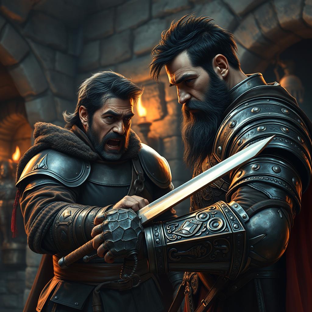 An intense and vivid portrayal of a medieval guard captain, weary and overwhelmed, losing a fight against an evil male pirate