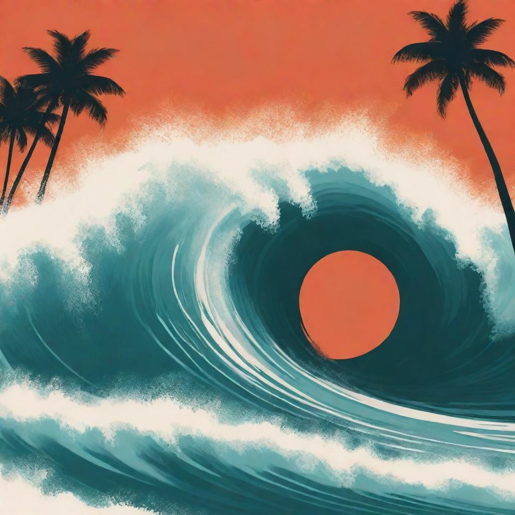 A stylized silhouette of a towering wave contrasted against a deep orange sky, looming over an idyllic coastline with palm trees. The crest of the wave is a striking white or teal.