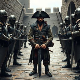 A dramatic scene depicting an evil male pirate, with short black hair and a sharp, pointy beard, surrendering to a group of medieval guards