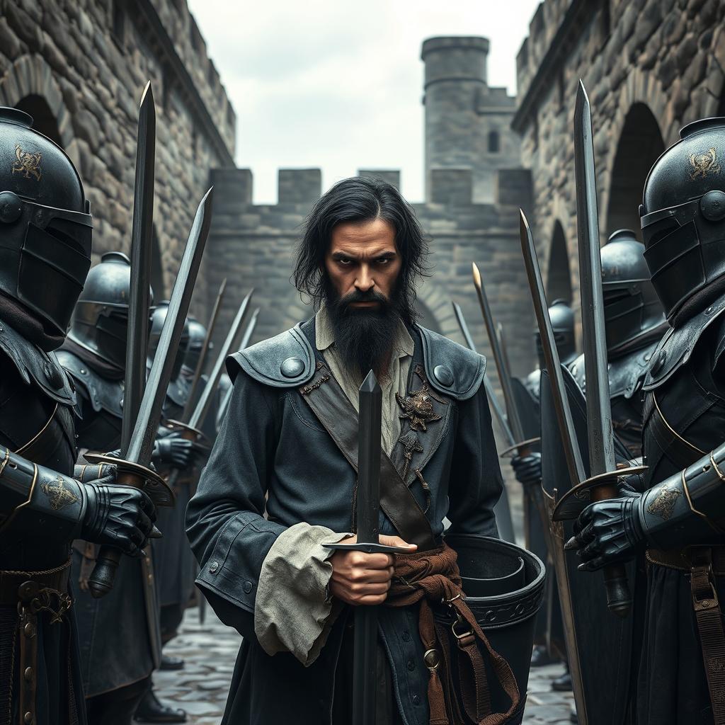 A dramatic scene depicting an evil male pirate, with short black hair and a sharp, pointy beard, surrendering to a group of medieval guards