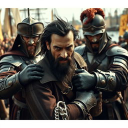 A compelling scene featuring an evil male pirate, with short black hair and a sharp, pointy beard, without a hat, being arrested by medieval guards