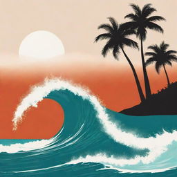 A stylized silhouette of a towering wave contrasted against a deep orange sky, looming over an idyllic coastline with palm trees. The crest of the wave is a striking white or teal.