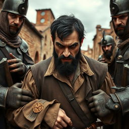 An evil male pirate with short black hair and a short pointy beard, dressed in rugged pirate attire, showing a defiant expression as he is being arrested by medieval guards