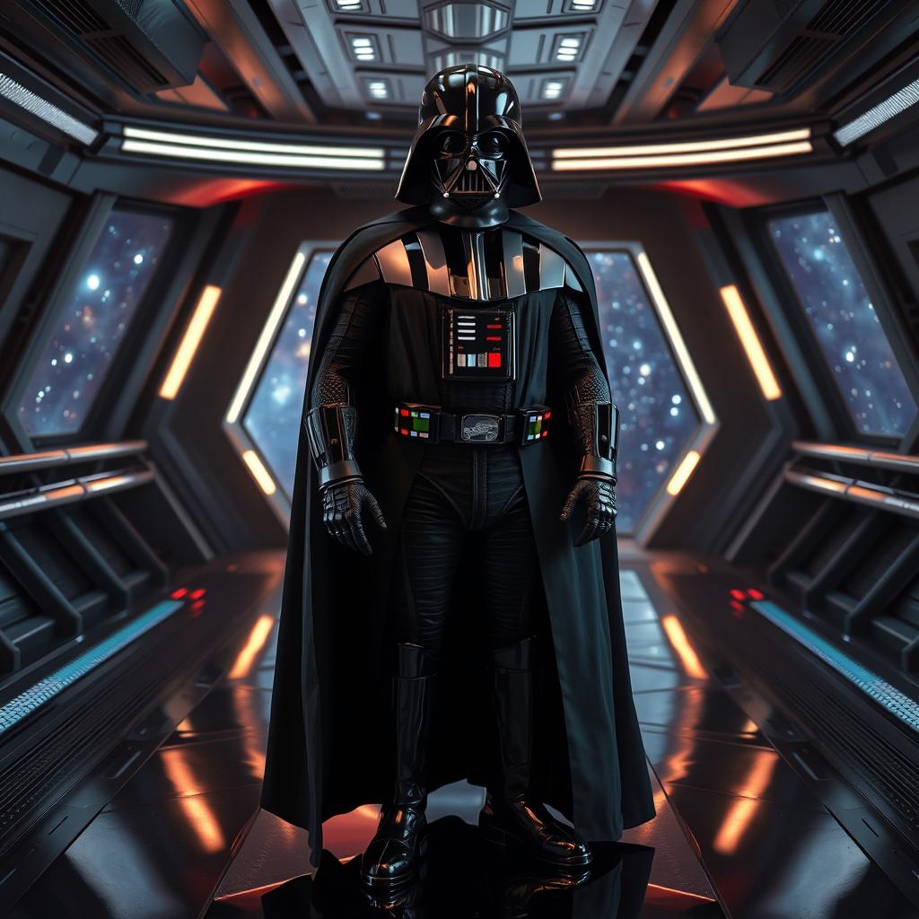 A dramatic portrait of Darth Vader standing on a spaceship bridge, with a galaxy visible through the windows behind him