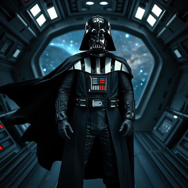 A dramatic portrait of Darth Vader standing on a spaceship bridge, with a galaxy visible through the windows behind him