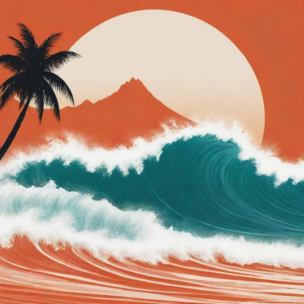 A stylized silhouette of a towering wave contrasted against a deep orange sky, looming over an idyllic coastline with palm trees. The crest of the wave is a striking white or teal.