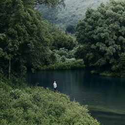 A solitary figure walking through a lush green landscape, adjacent to serene, shimmering water.