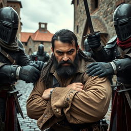 An evil male pirate with short black hair and a short pointy beard, dressed in rugged pirate attire, showing a defiant expression as he is being arrested by medieval guards