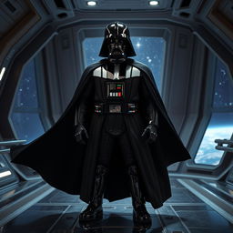 A dramatic portrait of Darth Vader standing on a spaceship bridge, with a galaxy visible through the windows behind him