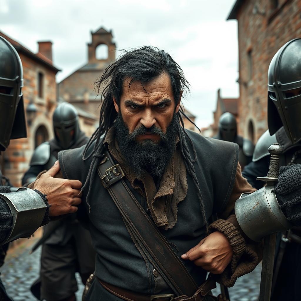 An evil male pirate with short black hair and a short pointy beard, dressed in rugged pirate attire, showing a defiant expression as he is being arrested by medieval guards