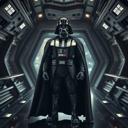 A dramatic portrait of Darth Vader standing on a spaceship bridge, with a galaxy visible through the windows behind him