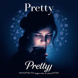 A cinematic poster for a movie titled 'Pretty', portraying a girl in a silhouette with a smartphone casting an eerie glow on her face