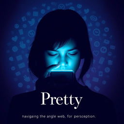 A cinematic poster for a movie titled 'Pretty', portraying a girl in a silhouette with a smartphone casting an eerie glow on her face