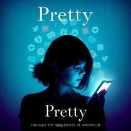 A cinematic poster for a movie titled 'Pretty', portraying a girl in a silhouette with a smartphone casting an eerie glow on her face