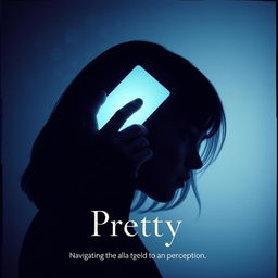 A cinematic poster for a movie titled 'Pretty', portraying a girl in a silhouette with a smartphone casting an eerie glow on her face