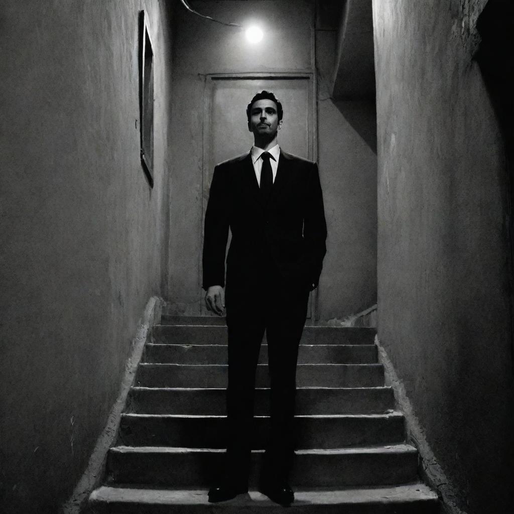 A monochromatic comic book style representation of a person wearing a suit, standing on a stair in a dark alleyway within a typical Iranian street.