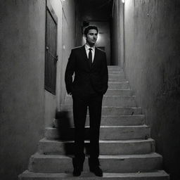 A monochromatic comic book style representation of a person wearing a suit, standing on a stair in a dark alleyway within a typical Iranian street.