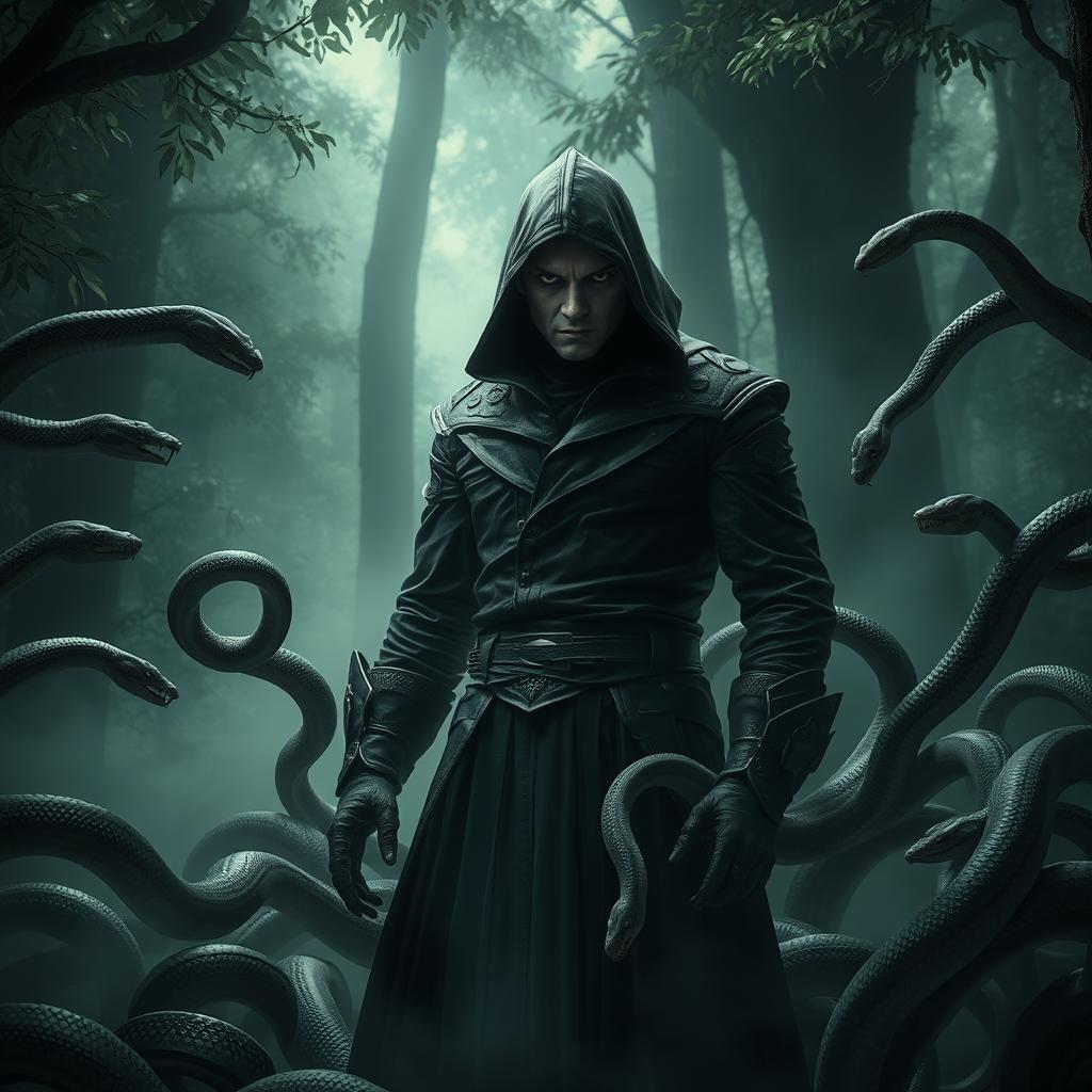 A menacing figure of an assassin stands confidently surrounded by numerous snakes