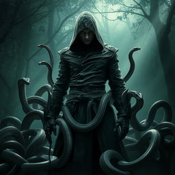 A menacing figure of an assassin stands confidently surrounded by numerous snakes