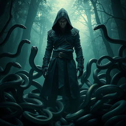 A menacing figure of an assassin stands confidently surrounded by numerous snakes