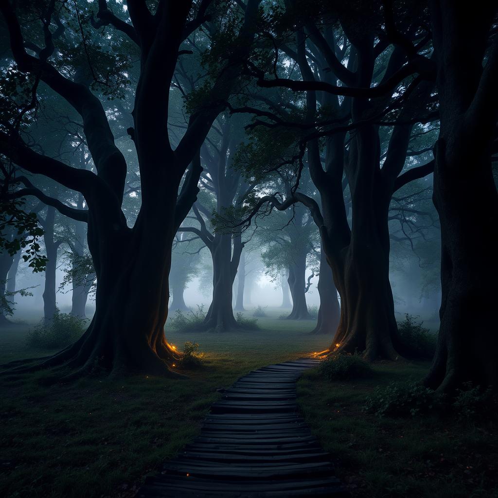 A mysterious, enchanting forest with towering ancient trees