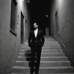 A monochromatic comic book style representation of a person wearing a suit, standing on a stair in a dark alleyway within a typical Iranian street.