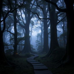 A mysterious, enchanting forest with towering ancient trees